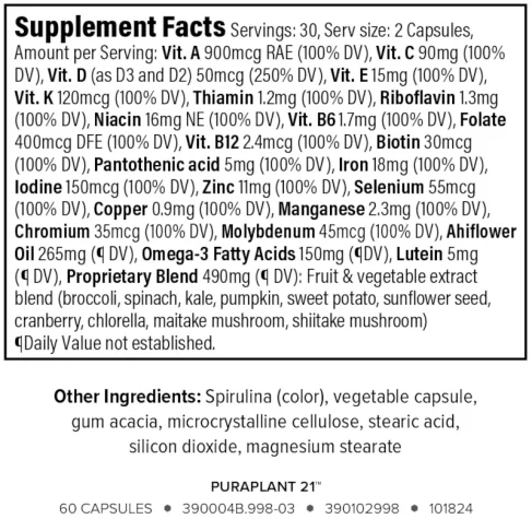 nutrient list for puraplant 21 vitamins